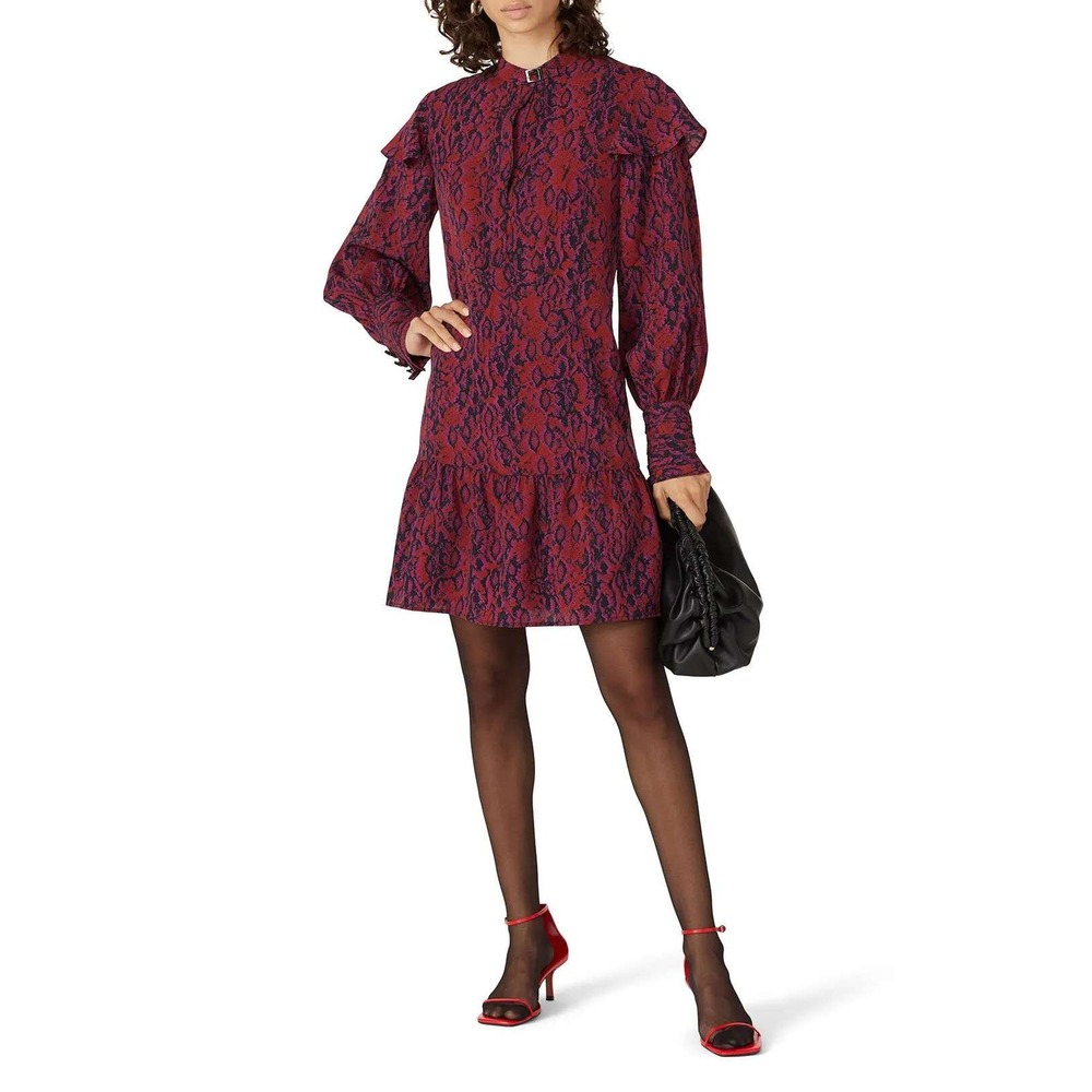 Koche Womens‎ Python Buckle Dress Size US 0 Red Pink Black Snake Print Ruffle